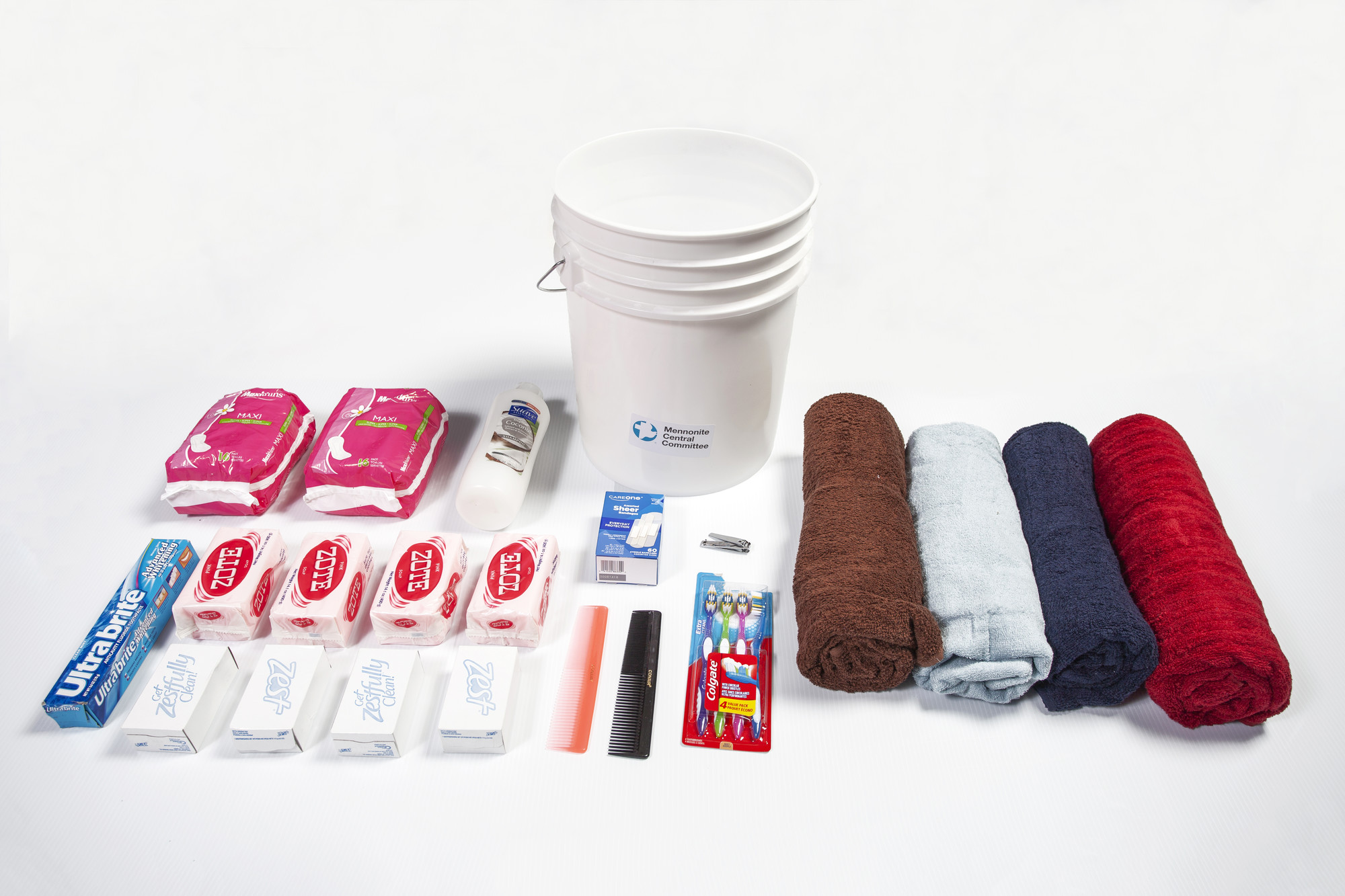 Relief kit contents laid out on a table