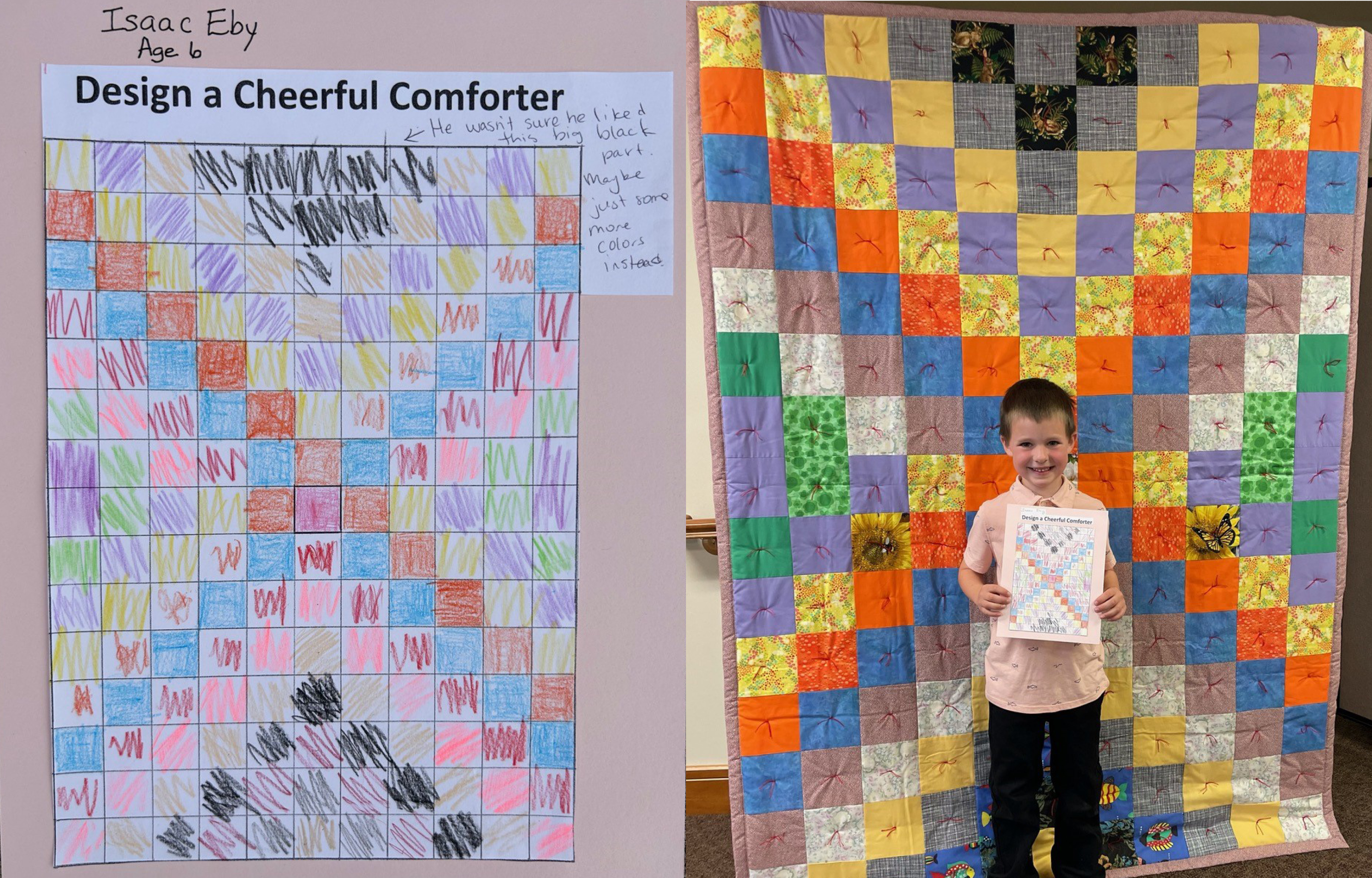Isaac presents his finished comforter. 