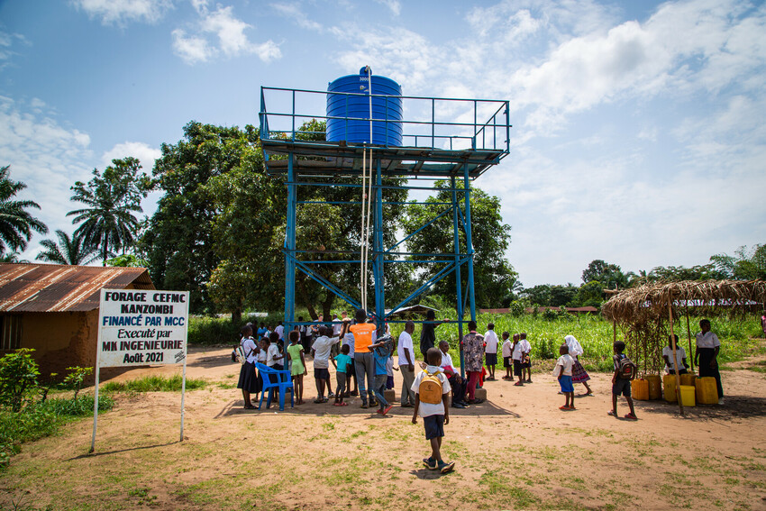 The borehole in Kanzombi, an area of the city of Kikwit, was drilled by CEFMC to help the community gain access to clean, affordable water.