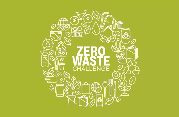A logo that reads Zero Waste Challenge, surrounded in drawn images of watering cans, recycling bins, bicycles, garbage bags, leaves 